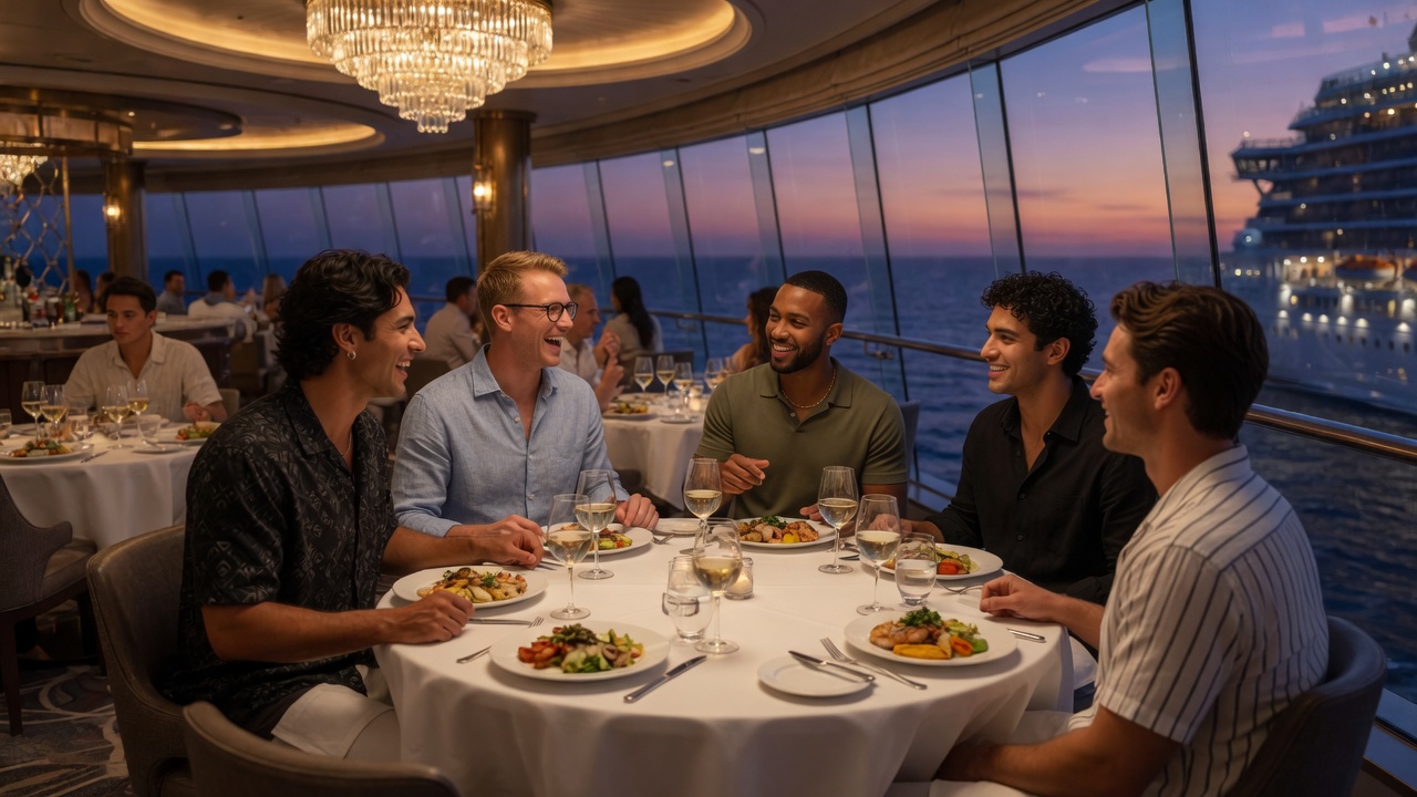 A group of men sharing dinner together at sunset aboard a ship